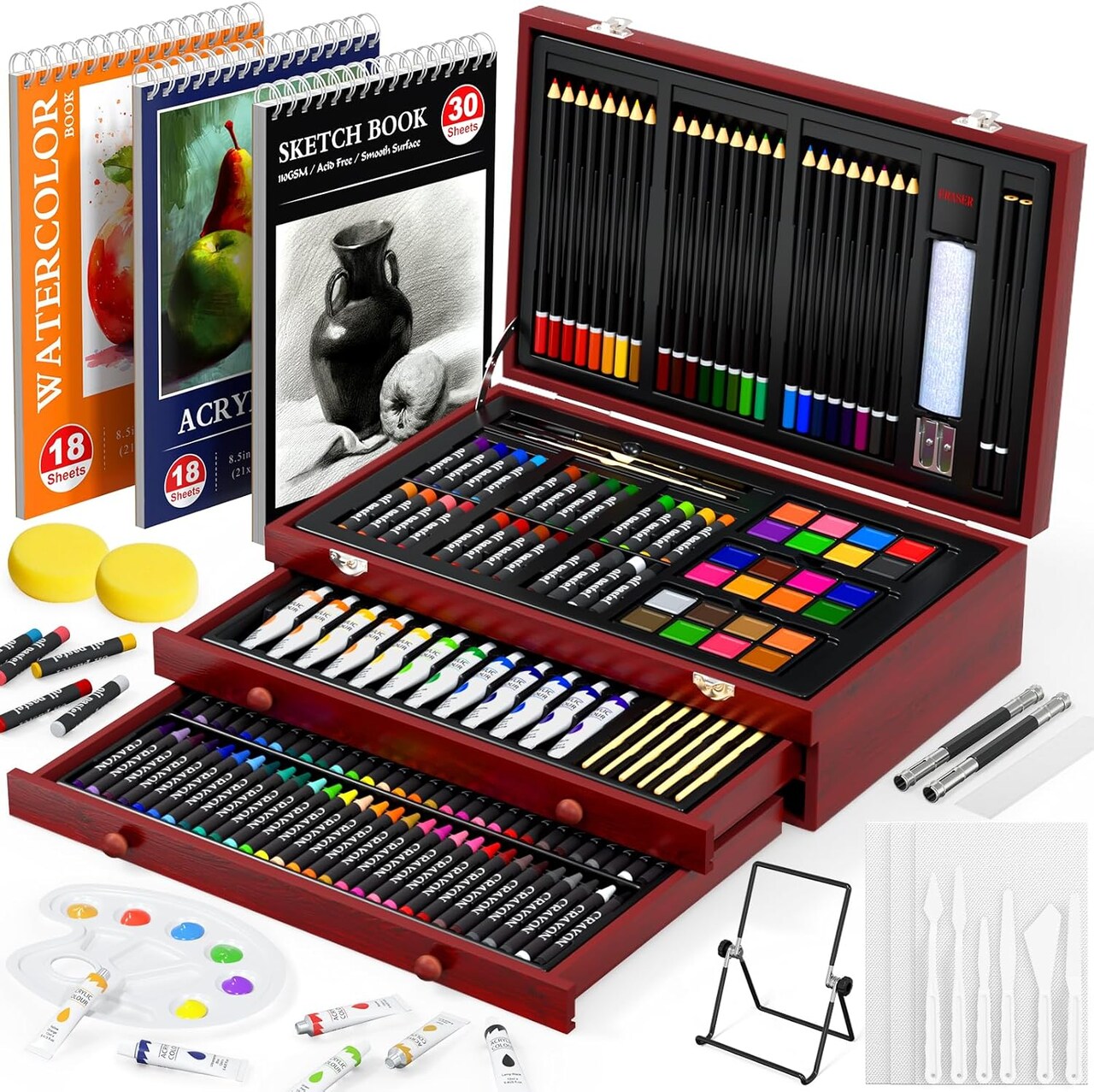 200 Piece Deluxe Art Set, Art Supplies with 3 Drawing Pads, Acrylic Paints, Crayons, Colored Pencils Set in Wooden Case, Professional Art Kit, for Adults, Teens and Artist, Paint Supplies